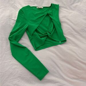 Green Zara Long One Sleeve Twist Front Top